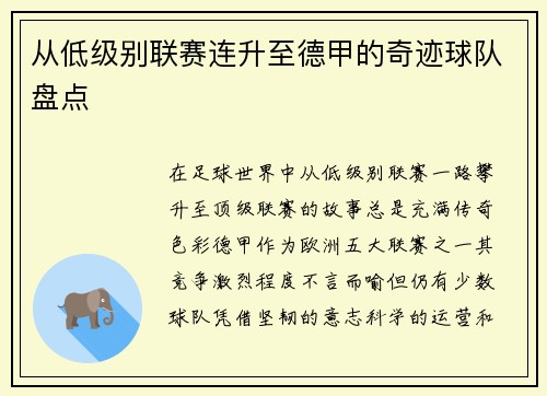 从低级别联赛连升至德甲的奇迹球队盘点