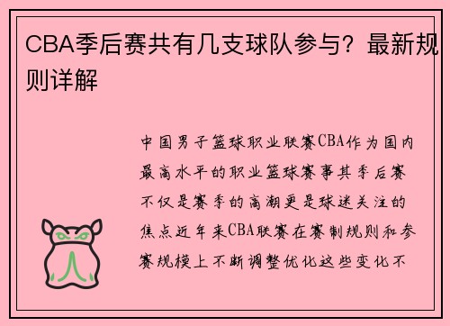 CBA季后赛共有几支球队参与？最新规则详解